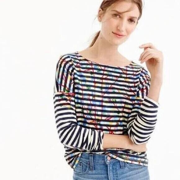 J Crew Michael De Feo Tee Womens M Floral Striped Wearable Art Drop Shoulders - Picture 12 of 14